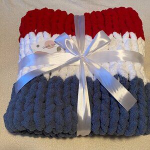Cozy Soft Handknit Throw Blanket - Red White and Blue